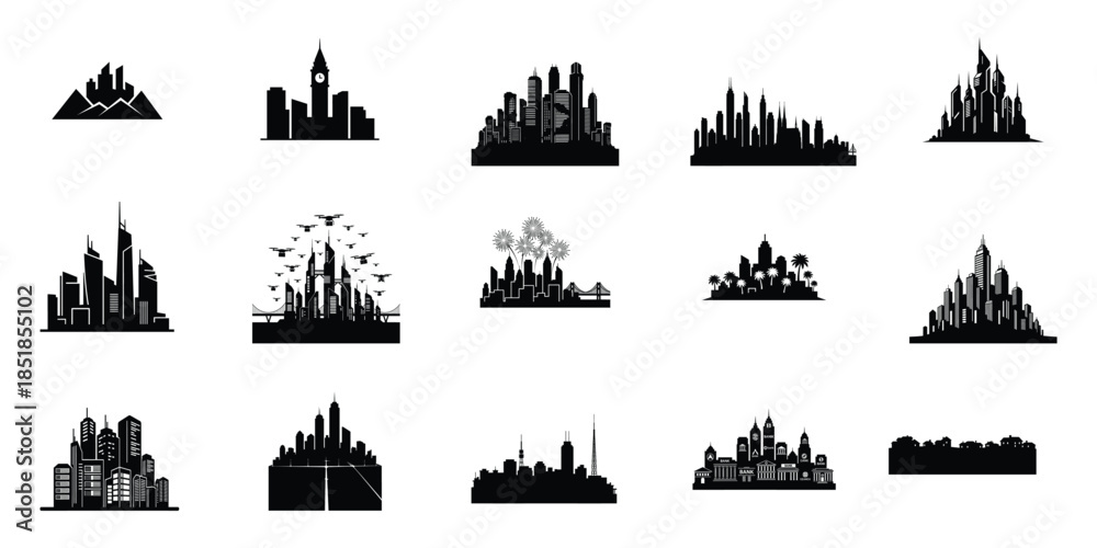 Obraz premium Diverse Urban Cityscape Silhouette Vector Icons