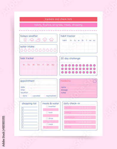 Planner trackers and checklists template sheet with habit and task tracker, water intake, weather, 30 day challenge, shopping list, meals and daily check-in. Pink printable vector layout