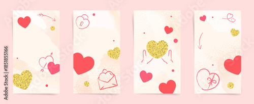 Valentine love banner templates with pink background, hand drawn hearts, love elements, and gold glitter confetti. Vertical romantic story poster template, greeting card layout vector set