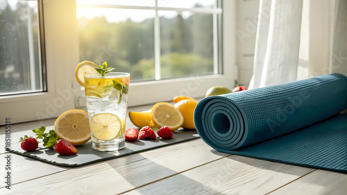 Glass of lemon water, fresh fruits, yoga mat near window, bright natural light, wellness and self-care routine