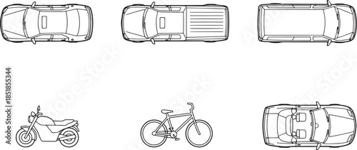 Elevated perspective showcases a collection of transport modes, each rendered in a precise, line-art style. The stark contrast highlights the individual characteristics of each vehicle.