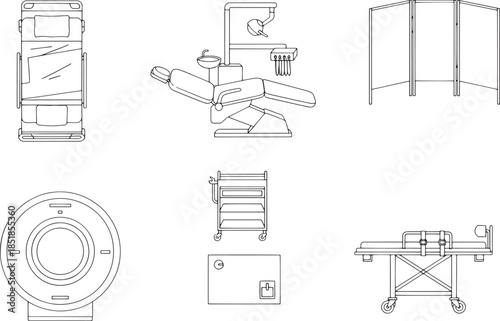 An array of medical equipment instruments in simple line art, with a top-down view.
