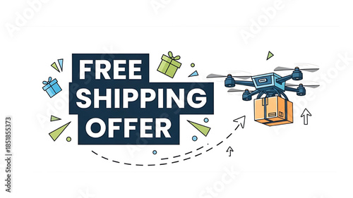 Drone delivering a package with a free shipping offer, symbolizing fast and convenient delivery.