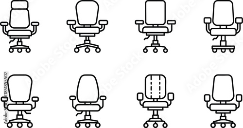 Collection of eight distinct black and white line icons representing various ergonomic office swivel chairs with wheels