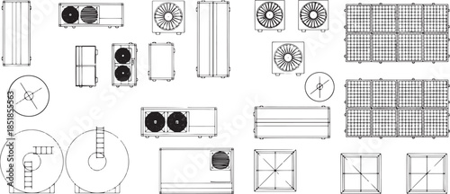 Overhead blueprint of industrial rooftop elements, a detailed illustration of various equipment and infrastructure essential for functionality and urban infrastructure.