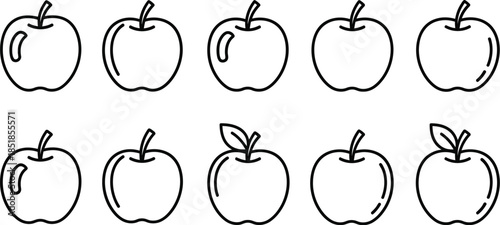 Collection of ten simple black and white line art apple icons showing variations in outline detail and leaf presence
