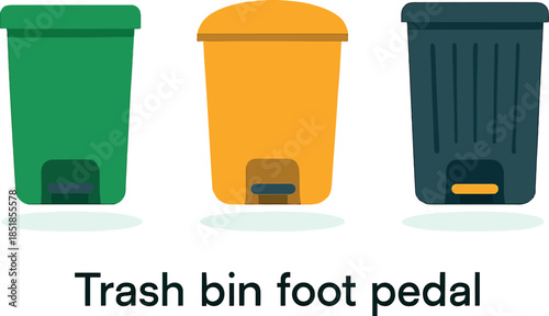 Three colorful trash bins with foot pedal for waste management
