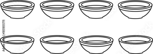 Simple black and white outline drawing of eight identical ceramic bowls arranged in two rows for kitchen or food design