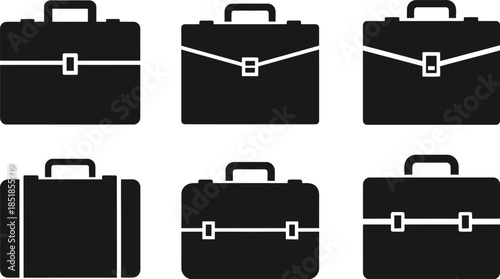 Collection of six black briefcase icons illustrating various styles for business travel and professional documentation