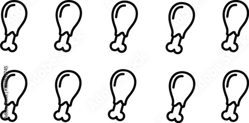 Simple black and white line art icon pattern featuring ten repeating delicious roasted chicken drumsticks