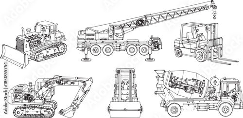 An assembly of essential machinery, perfectly detailed to illustrate their core functionality and diverse application. This illustration presents heavy machinery.
