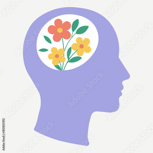 Mental health and wellness concept illustration with colorful flowers blooming inside a human profile silhouette representing positive thinking mind growth and psychological wellbeing