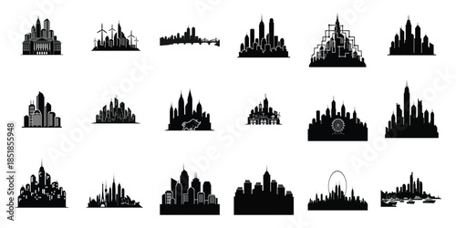 Modern City Skyline Silhouette Icon Set