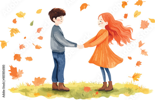 A happy young couple and their child enjoy the fall nature of an autumn park, illustrating a vector of family love and childhood fun among the falling leaves