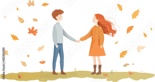 A romantic vector illustration of a young cartoon couple walking in autumn, showcasing a day of love and romance with a heart design perfect for a Valentine card drawing