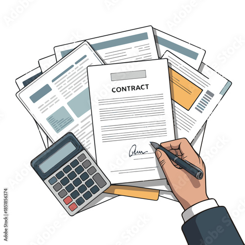 Isolated a flat cartoon workplace from above with documents, calculator and persons hand signing contract vector art with white background.