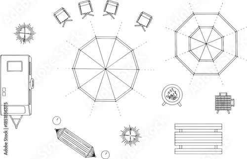 A detailed illustration of an outdoor living space, featuring an octagonal pavilion, chairs, a fire pit, and various other elements arranged in a top-down view.