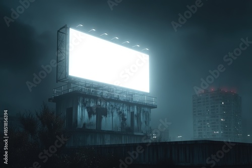 Large glowing billboard mounted on an old decayed building at night