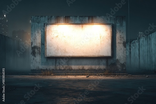 Old illuminated billboard on a weathered concrete wall in a foggy urban area