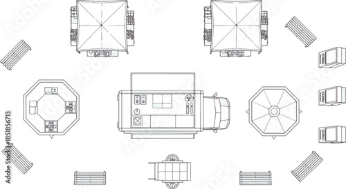An aerial view of an architectural blueprint of an outdoor event setup, showcasing several tables and seating arrangements, ideal for various social gatherings.
