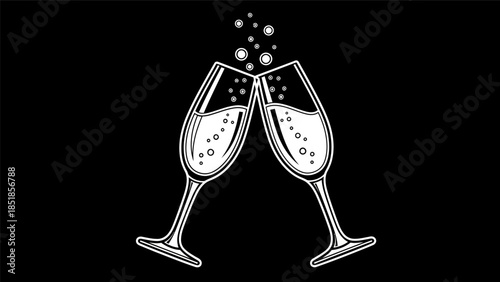 Two champagne glasses toasting with sparkling bubbles, celebrating a special occasion with a festive drink.