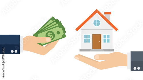 Buying Property Illustration with Cash Payment and House Icon for Real Estate Investment and Home Ownership
