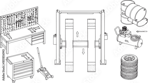 An eye-level illustration showcases an array of mechanic tools and equipment against a white backdrop, perfect for automotive or repair industry promotions.