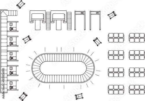 An overhead architectural blueprint or diagram depicts a large structure, likely a venue, concert hall, or exhibition space. The detailed plan showcases various elements like seating arrangements.