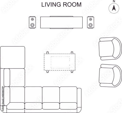 An overhead schematic of a meticulously planned living room interior, showcasing furniture arrangements and design elements. The linear composition offers a unique perspective on interior design.