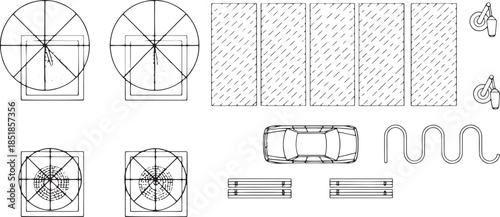 An abstract illustration depicting a parking area with vehicles, showcasing elements like a car, bike, and directional wheels. 