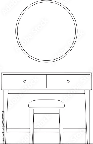A minimalist, line art illustration of a vanity set composed of a round mirror, dressing table, and stool.