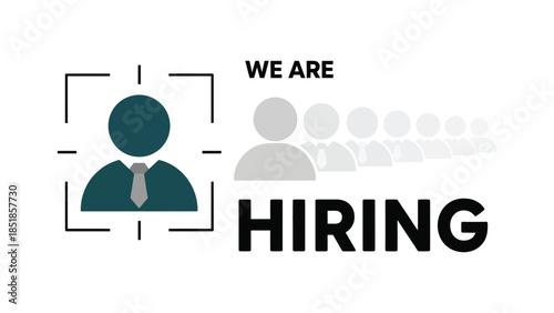 Human resources recruitment concept featuring a target on a candidate silhouette and the text We Are Hiring with people icons in background