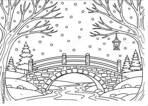 Winter bridge and trees landscape coloring book for adults and kids, peaceful snowy scene illustration