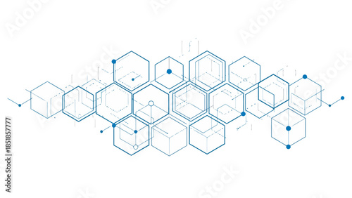 Abstract geometric network of interconnected hexagons and dots on a white background, representing technology and connectivity
