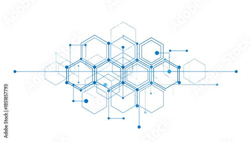 Abstract technological background with interconnected hexagonal structures, representing a complex data network or digital communication system