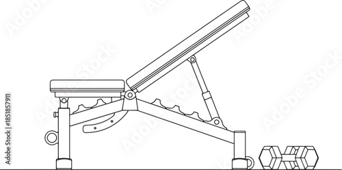 An adjustable weight bench, essential equipment for strength training and fitness, is captured in this meticulous black-and-white illustration. This detailed image shows the bench's adjustable design.