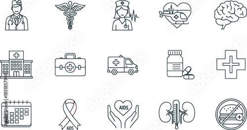 Minimalist Line Icons Set for Medical Care, Healthcare Services, Hospital Facilities, Emergency Aid, and Medicine Treatment Concepts