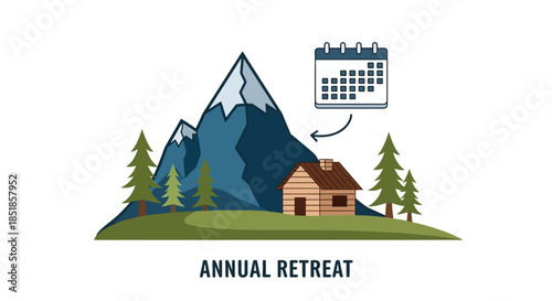Calendar with Mountains and Cabin Illustration.