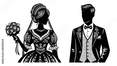 Elegant Bride and Groom Portrait Silhouette Vector with Detailed Floral Dress and Tuxedo for Wedding Invitation Design