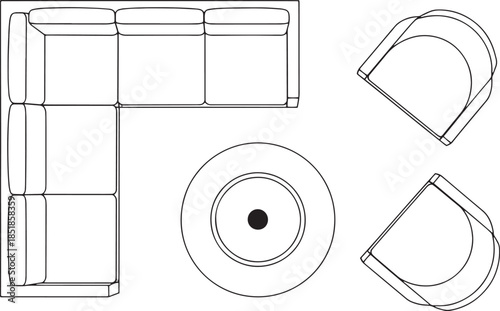An artistic blueprint, showcasing the design plan for modern furniture arrangement, presenting a sectional sofa, a coffee table, and armchairs. 