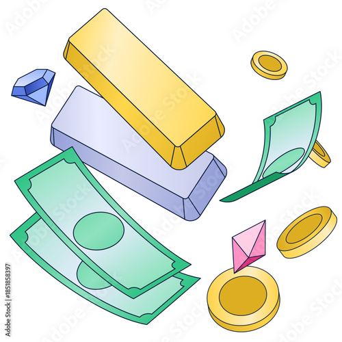 Banknotes, gold and silver bars and coins, Income, Investment and wealth accumulation