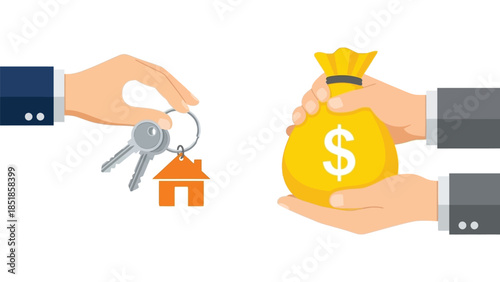 Real estate transaction concept with hands exchanging a set of house keys for a large yellow bag of money with a dollar sign
