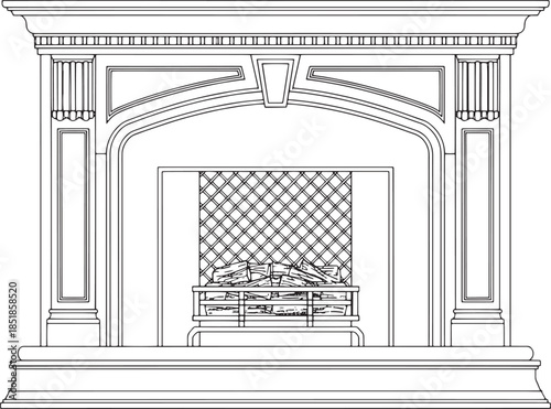 A classical and intricate fireplace design, featuring elegant architectural details and a sense of timeless warmth, illustrated in clean lines.