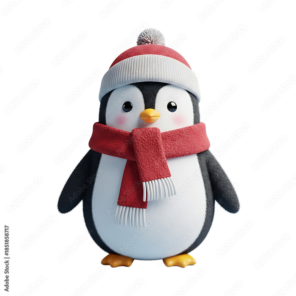 Fototapeta premium A cute penguin wearing a red hat and scarf, perfect for winter or Christmas theme