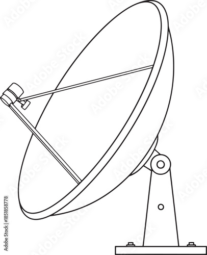 A crisp, clean line drawing of a satellite dish, showcasing modern technology, and sleek design. The illustration emphasizes the dish's parabolic shape and sturdy support structure.