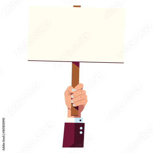 Hand in a business suit sleeve holding up a blank white sign board for custom messages or protests on white background