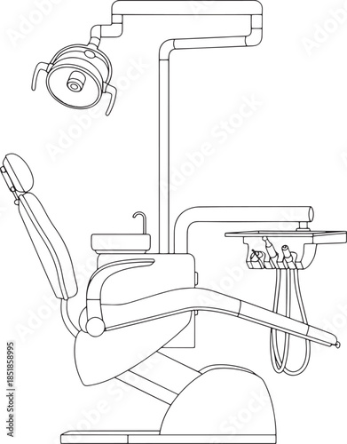 A modern dentist's chair with its associated equipment ready for patient care. The image highlights the key elements of a dental practice.