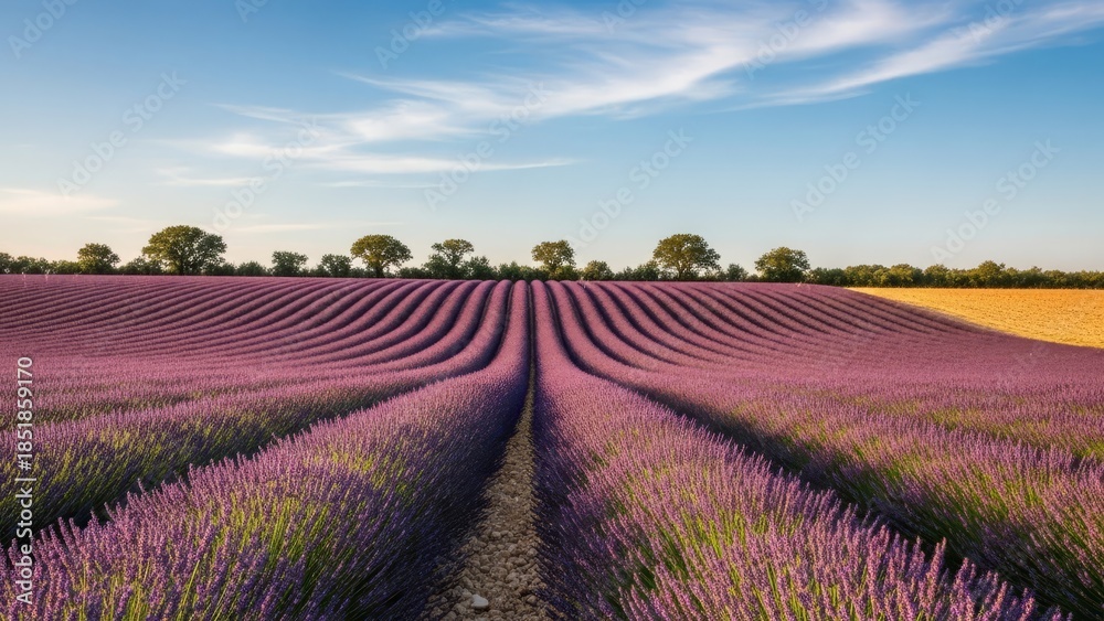 Fototapeta premium Lavender Field Landscape with Rows of Flowers.