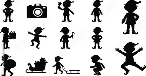 Christmas elves, festive silhouettes, holiday characters, gift delivery, candy cane, sleigh icon, black vector, celebration, winter, illustrationChristmas elves