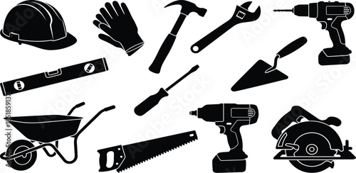Construction tools, safety equipment, silhouette illustration, black vector, carpentry gear, hand tools, workshop items, maintenance icon, hardware, graphicConstruction tools
